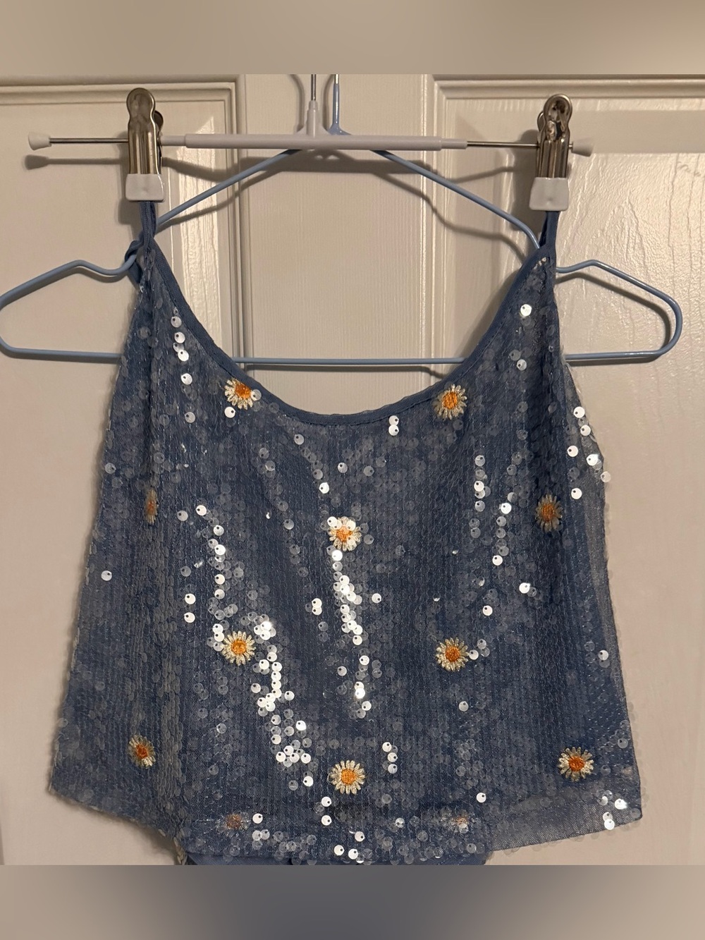 Nasty Gal Periwinkle Sequin Daisy Cami Halter, size Large